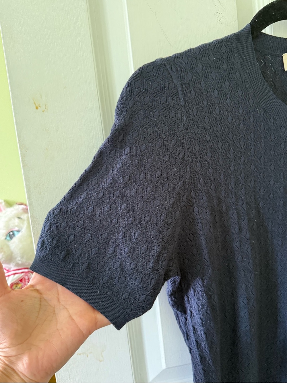 Sezane Navy Textured Short Sleeve Top with Button Placket - Picture 5 of 6